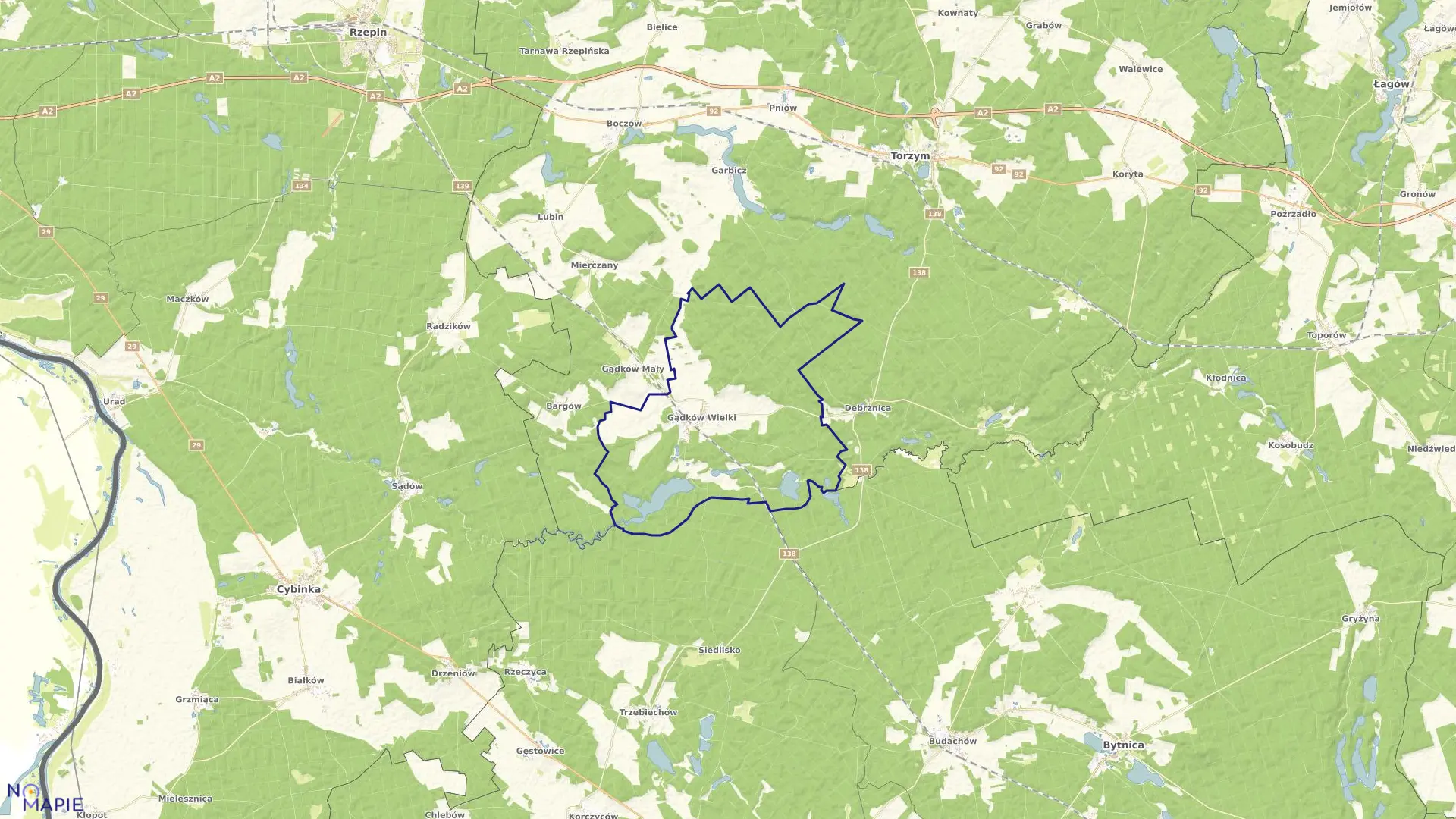 Mapa obrębu Gądków Wielki w gminie Torzym